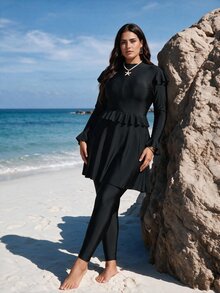 SHEIN Swim Plus Size Women Black Modest Floral Lace Trim Swimwear Burkini - Black - View 2