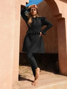 SHEIN Swim Plus Size Women Black Modest Floral Lace Trim Swimwear Burkini - Black - View 7