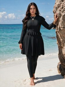 SHEIN Swim Plus Size Women Black Modest Floral Lace Trim Swimwear Burkini - Black - View 1