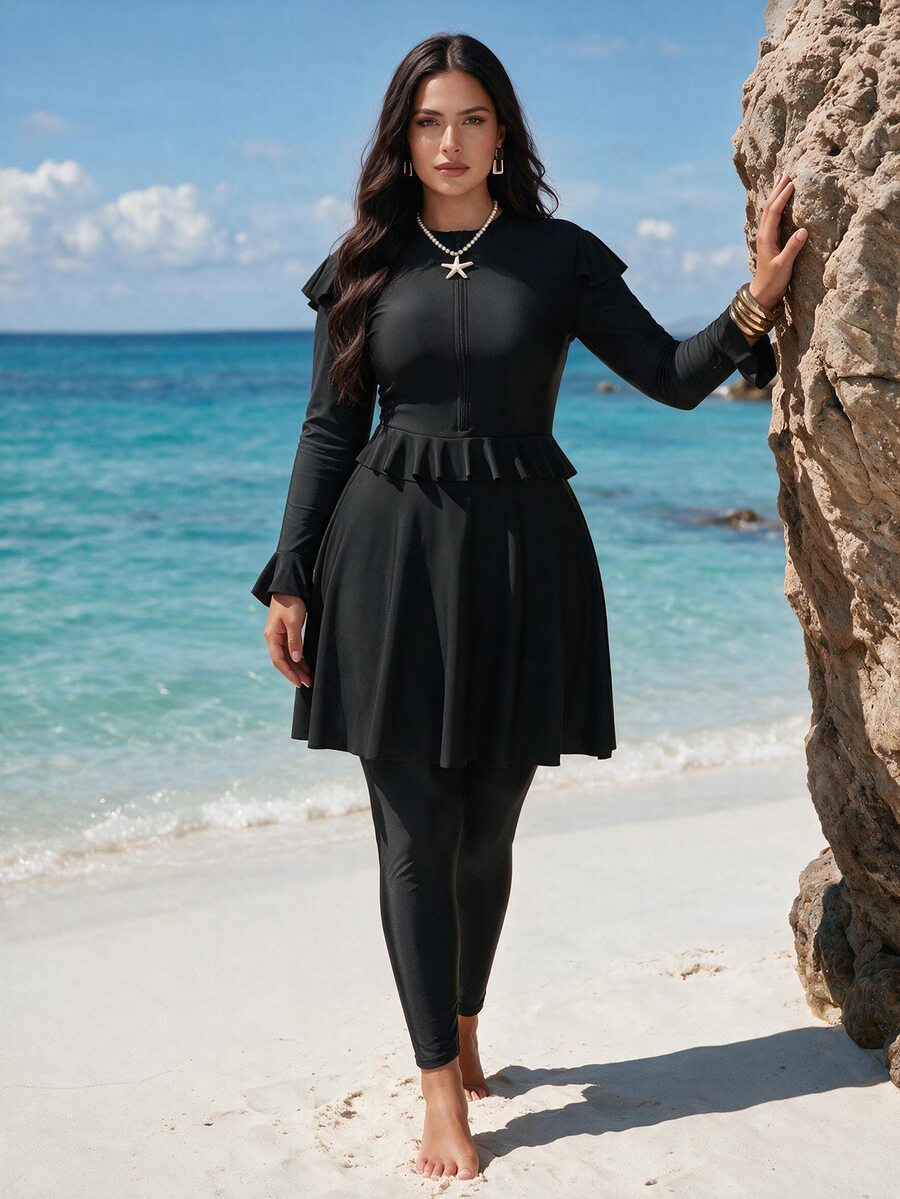 SHEIN Swim Plus Size Women Black Modest Floral Lace Trim Swimwear Burkini - Black - View 1