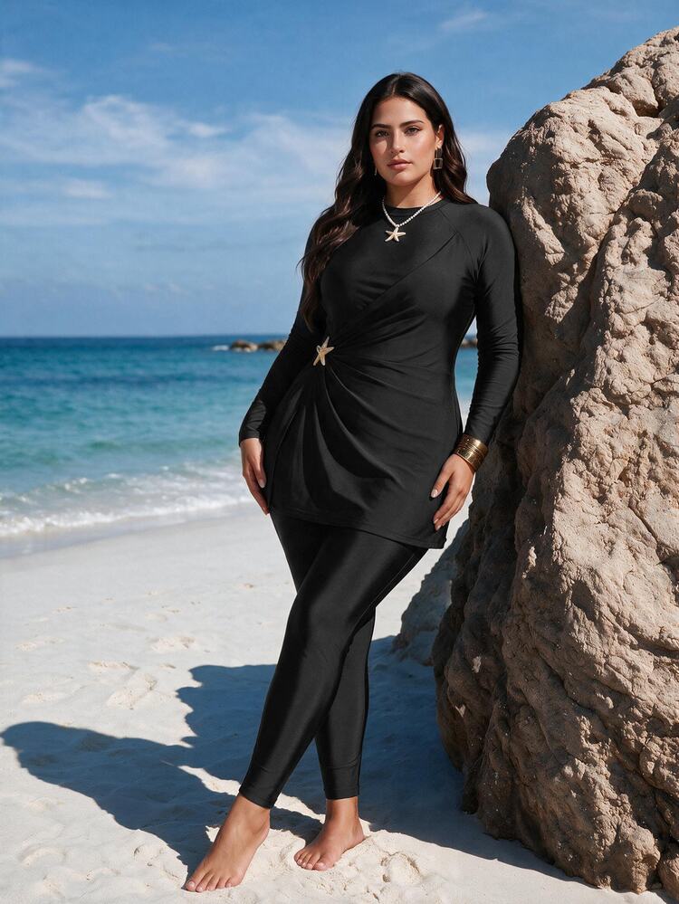 SHEIN Swim 2pcs Plus Size Set, Solid Color Knit Fabric Top With Metallic Starfish Decor, Skinny Pants, Slimming Middle East Style Burkini - Black - View 2