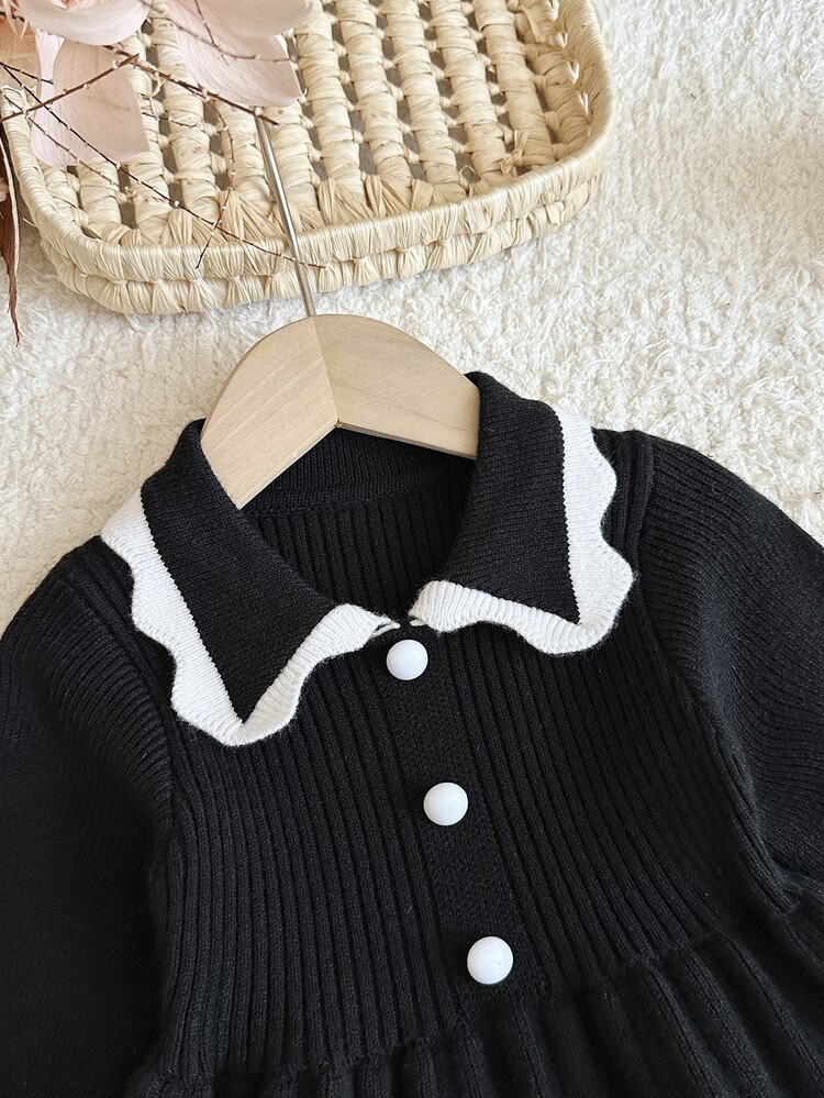 SHEIN Baby Girl Knitted Colorblock Cute Peter Pan Collar Dress,Sweater Dress,Black Dresses,New Fall Styles - Black and White - View 4