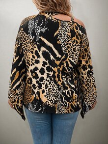 EMERY ROSE CURVE Plus Size Women's Random Print Simple Daily Shirt One Shoulder Top Fall - Multicolor - View 2