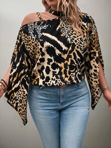 EMERY ROSE CURVE Plus Size Women's Random Print Simple Daily Shirt One Shoulder Top Fall - Multicolor - View 3