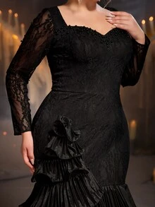 Glamrae Plus Size Black Square Neck Sheer Lace Long Sleeve Beaded Chiffon Tiered Ruffle Mermaid Evening Gown For Prom, Gala, Wedding Guest & Formal Evening - Pink - View 9