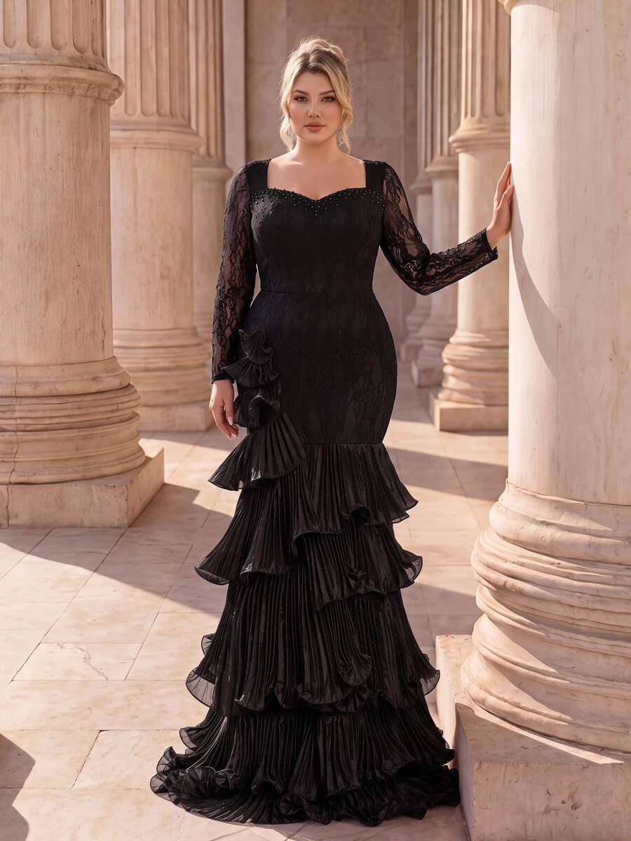 Glamrae Plus Size Black Square Neck Sheer Lace Long Sleeve Beaded Chiffon Tiered Ruffle Mermaid Evening Gown For Prom, Gala, Wedding Guest & Formal Evening