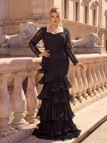 Glamrae Plus Size Black Square Neck Sheer Lace Long Sleeve Beaded Chiffon Tiered Ruffle Mermaid Evening Gown For Prom, Gala, Wedding Guest & Formal Evening - Pink - View 6