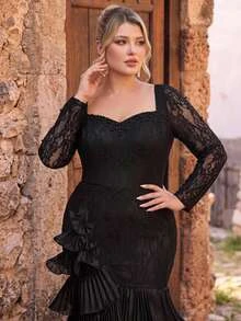 Glamrae Plus Size Black Square Neck Sheer Lace Long Sleeve Beaded Chiffon Tiered Ruffle Mermaid Evening Gown For Prom, Gala, Wedding Guest & Formal Evening - Pink - View 4
