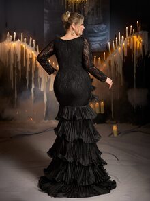 Glamrae Plus Size Black Square Neck Sheer Lace Long Sleeve Beaded Chiffon Tiered Ruffle Mermaid Evening Gown For Prom, Gala, Wedding Guest & Formal Evening - Pink - View 3