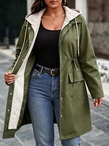 SHEIN LUNE CURVE Plus Size Women's Autumn/Winter Fashion Casual Cargo 2 In 1 Hooded Trench Coat, Cinched Waist Multi-Pocket Mid-Length Utility Jacket Fall Office - Multicolor - View 5