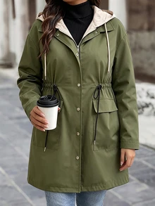 SHEIN LUNE CURVE Plus Size Women's Autumn/Winter Fashion Casual Cargo 2 In 1 Hooded Trench Coat, Cinched Waist Multi-Pocket Mid-Length Utility Jacket Fall Office - Multicolor - View 4