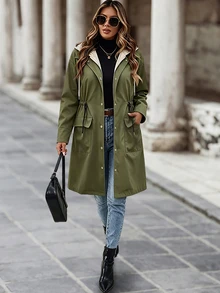 SHEIN LUNE CURVE Plus Size Women's Autumn/Winter Fashion Casual Cargo 2 In 1 Hooded Trench Coat, Cinched Waist Multi-Pocket Mid-Length Utility Jacket Fall Office - Multicolor - View 6