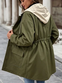 SHEIN LUNE CURVE Plus Size Women's Autumn/Winter Fashion Casual Cargo 2 In 1 Hooded Trench Coat, Cinched Waist Multi-Pocket Mid-Length Utility Jacket Fall Office - Multicolor - View 2
