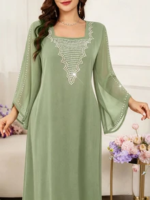 Al Najma Women's Light Green Spring/Summer Loose Fit Slimming Square Neck Beaded Batwing Sleeve Long Dress, Elegant For Banquet, Vacation And Holiday - Green - View 9