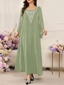 Al Najma Women's Light Green Spring/Summer Loose Fit Slimming Square Neck Beaded Batwing Sleeve Long Dress, Elegant For Banquet, Vacation And Holiday - Green - View 10