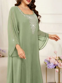 Al Najma Women's Light Green Spring/Summer Loose Fit Slimming Square Neck Beaded Batwing Sleeve Long Dress, Elegant For Banquet, Vacation And Holiday - Green - View 6