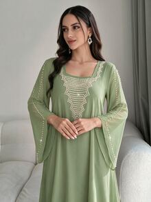 Al Najma Women's Light Green Spring/Summer Loose Fit Slimming Square Neck Beaded Batwing Sleeve Long Dress, Elegant For Banquet, Vacation And Holiday - Green - View 2