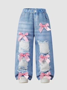 Toddler Girl Wide Leg Denim Look Pants, Cute Light Blue Pink Satin Bow Decor Ripped Distressed, Fall Ballet Princess K Pop - Multicolor - View 5