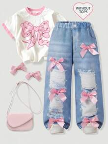Toddler Girl Wide Leg Denim Look Pants, Cute Light Blue Pink Satin Bow Decor Ripped Distressed, Fall Ballet Princess K Pop - Multicolor - View 2