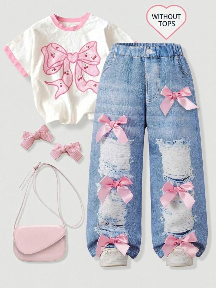 Toddler Girl Wide Leg Denim Look Pants, Cute Light Blue Pink Satin Bow Decor Ripped Distressed, Fall Ballet Princess K Pop