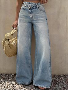 Livesso Women's Low-Waist Stylish Waistband Straight Leg Jeans - Light Wash - View 2