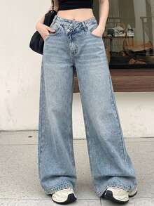 Livesso Women's Low-Waist Stylish Waistband Straight Leg Jeans - Light Wash - View 12