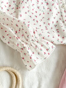SHEIN 2件組幼女上衣連身裙，甜美粉色花卉蕾絲燈芯絨鈕扣長袖彼得潘領，生日派對秋季公主度假風A字裙 - 粉色 - 查看 8