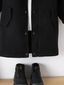 英式風格兒童長款大衣，秋季小紳士外套，黑色連帽羊毛夾克，附工裝口袋裝飾設計，男孩女孩中長款 - 黑色 - 查看 4