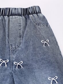 2pcs/Set Big Girls Bow Print Ruched Short Long Sleeve Top & Bow Embroidered Wide Leg Denim Jeans Casual Outfit - Grey - View 8