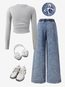 2pcs/Set Big Girls Bow Print Ruched Short Long Sleeve Top & Bow Embroidered Wide Leg Denim Jeans Casual Outfit - Grey - View 2