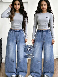 2pcs/Set Big Girls Bow Print Ruched Short Long Sleeve Top & Bow Embroidered Wide Leg Denim Jeans Casual Outfit - Grey - View 1