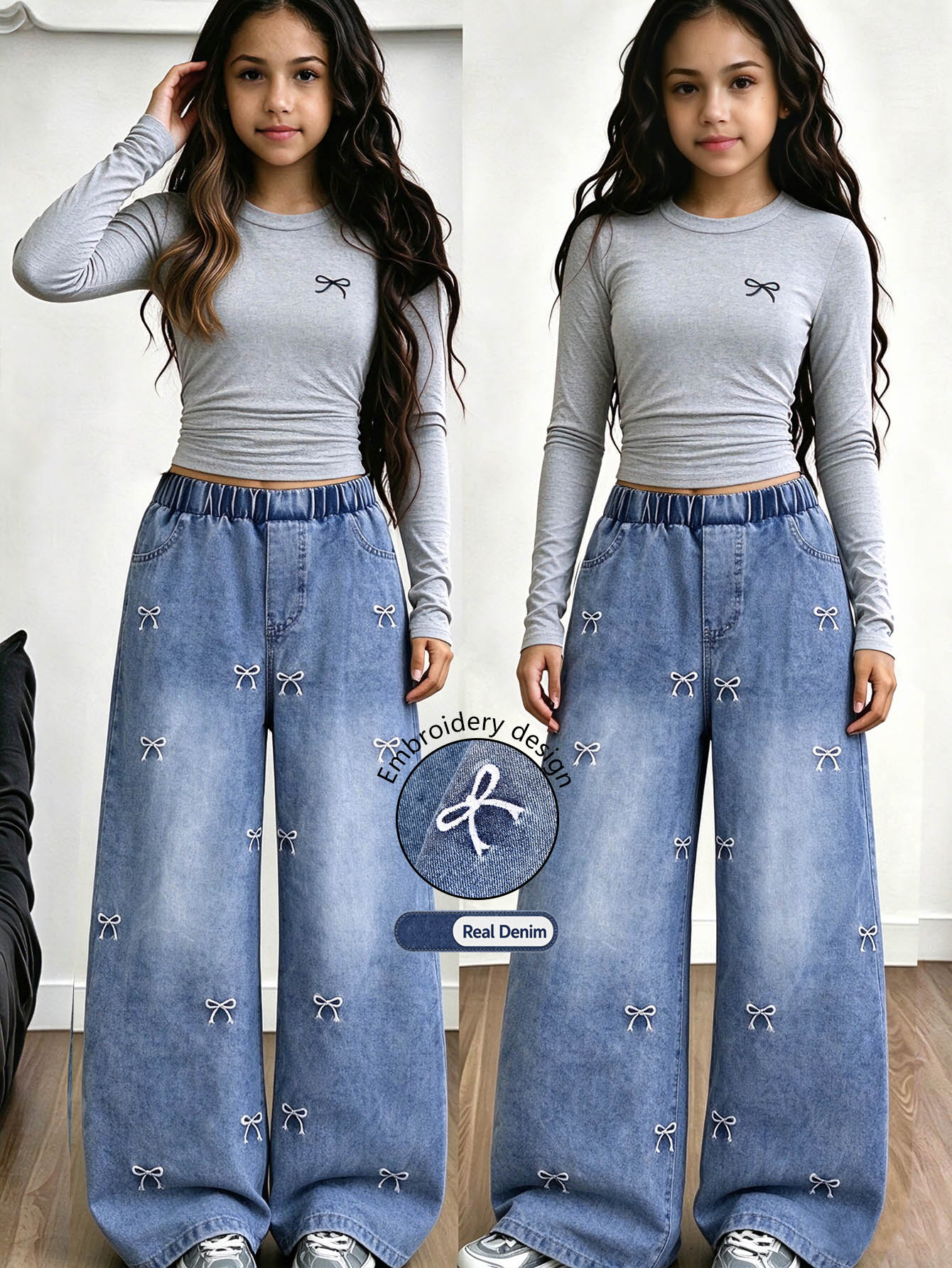 2pcs/Set Big Girls Bow Print Ruched Short Long Sleeve Top & Bow Embroidered Wide Leg Denim Jeans Casual Outfit - Grey - View 1