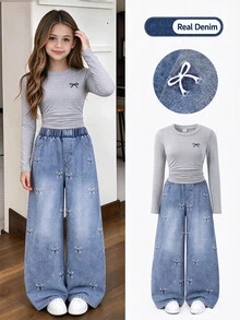 2pcs/Set Big Girls Bow Print Ruched Short Long Sleeve Top & Bow Embroidered Wide Leg Denim Jeans Casual Outfit - Grey - View 3