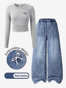 2pcs/Set Big Girls Bow Print Ruched Short Long Sleeve Top & Bow Embroidered Wide Leg Denim Jeans Casual Outfit - Grey - View 4
