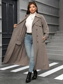 SHEIN Clasi 大尺碼女款通勤翻領雙排釦格紋風衣外套 秋季 - 彩色 - 查看 9