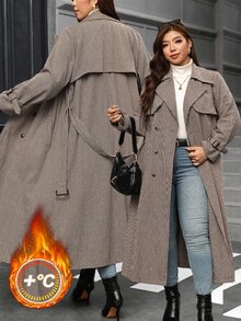 SHEIN Clasi 大尺碼女款通勤翻領雙排釦格紋風衣外套 秋季 - 彩色 - 查看 1