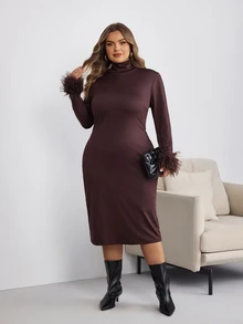 SHEIN CURVE+ Plus Size Dress 22W Autumn/Winter New Solid Color Pullover Fur Collar Mid-Length Dress, Elegant Commute, Holiday Party, Suitable For Plus Size 5XL - Coffee Brown - View 4