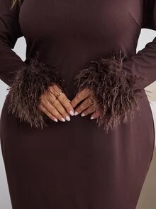 SHEIN CURVE+ Plus Size Dress 22W Autumn/Winter New Solid Color Pullover Fur Collar Mid-Length Dress, Elegant Commute, Holiday Party, Suitable For Plus Size 5XL - Coffee Brown - View 6