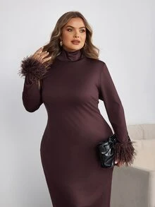 SHEIN CURVE+ Plus Size Dress 22W Autumn/Winter New Solid Color Pullover Fur Collar Mid-Length Dress, Elegant Commute, Holiday Party, Suitable For Plus Size 5XL - Coffee Brown - View 5