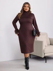 SHEIN CURVE+ Plus Size Dress 22W Autumn/Winter New Solid Color Pullover Fur Collar Mid-Length Dress, Elegant Commute, Holiday Party, Suitable For Plus Size 5XL - Coffee Brown - View 7