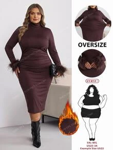 SHEIN CURVE+ Plus Size Dress 22W Autumn/Winter New Solid Color Pullover Fur Collar Mid-Length Dress, Elegant Commute, Holiday Party, Suitable For Plus Size 5XL - Coffee Brown - View 9