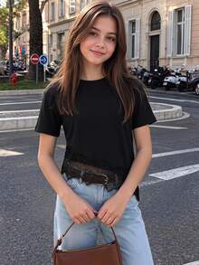 SHEIN Sparklyn Tween Girls Casual Solid Color Lace Patchwork Short Sleeve T-Shirt, Summer, Outfit, Comfortable, Daily, Minimalist, Vacation - Black - View 1