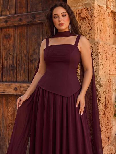 Glamrae Plus Size Glamorous Elastic Knit & Chiffon Patchwork Ruched Full Skirt Sexy Slit Bridal Gown, Flowy Ruched Fabric Wedding Bridesmaid Evening Dress With Shawl