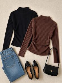 Everyssa Women's 2pcs Slim Fit Mock Neck Knit Tops, Side Ruched Ribbed Long Sleeve Base Layer, Brown + Black Stretchy Casual Going Out Innerwear - Multicolor - View 2