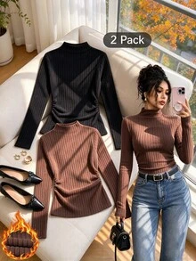 Everyssa Women's 2pcs Slim Fit Mock Neck Knit Tops, Side Ruched Ribbed Long Sleeve Base Layer, Brown + Black Stretchy Casual Going Out Innerwear - Multicolor - View 1
