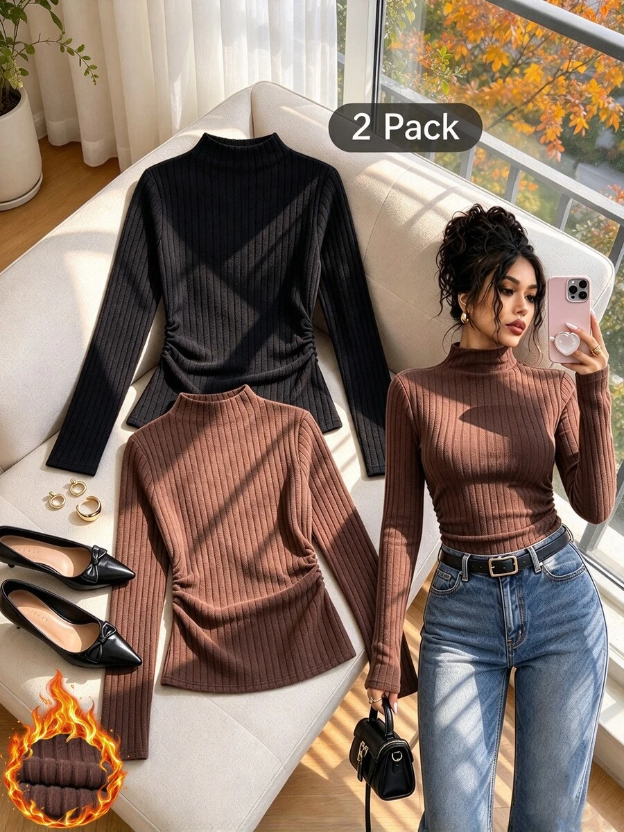 Everyssa Women's 2pcs Slim Fit Mock Neck Knit Tops, Side Ruched Ribbed Long Sleeve Base Layer, Brown + Black Stretchy Casual Going Out Innerwear - Multicolor - View 1