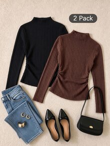 Everyssa Women's 2pcs Slim Fit Mock Neck Knit Tops, Side Ruched Ribbed Long Sleeve Base Layer, Brown + Black Stretchy Casual Going Out Innerwear - Multicolor - View 5