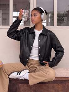 SHEIN Teen Girl' Autumn/Winter Casual Daily Premium School Commute Ins Style Versatile PU Leather Lapel Loose Jacket - Black - View 1