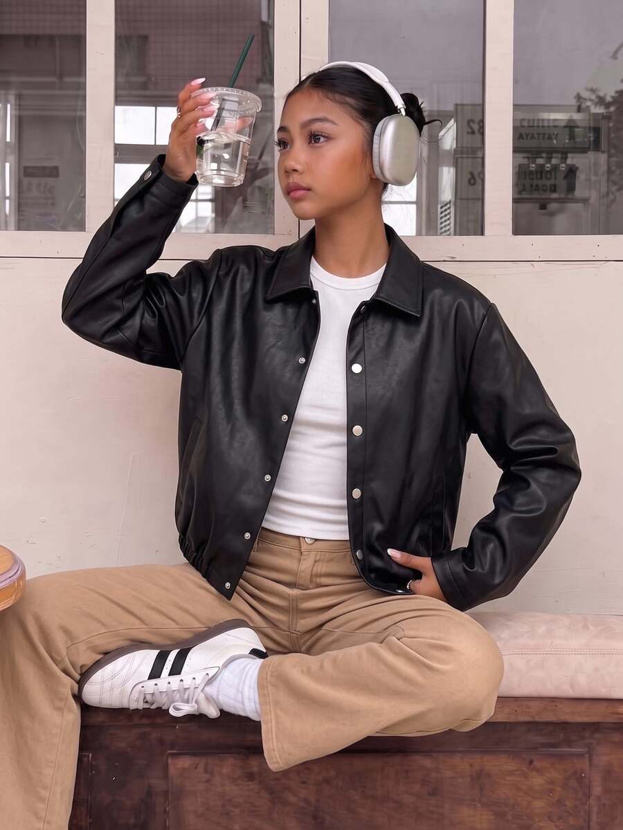 SHEIN Teen Girl' Autumn/Winter Casual Daily Premium School Commute Ins Style Versatile PU Leather Lapel Loose Jacket - Black - View 1