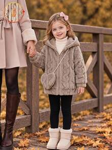 SHEIN YOUNG GIRLS 棕色粗針織抓絨拉鍊連帽外套夾克，附毛絨斜背小包 2 件套長袖上衣，秋季服飾，毛絨加厚 - 卡其色 - 查看 1